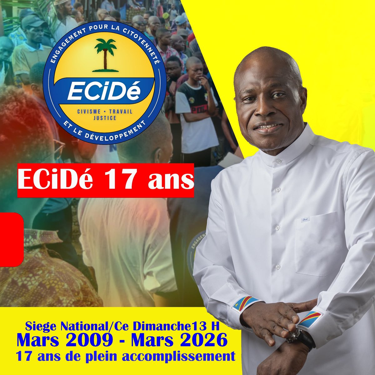 🔴17Ans de l'ECiDé 
=======================

À l’occasion du 17ᵉ anniversaire de l’ECiDé, le Secrétariat Général organise une grande matinée politique devant le siège national du parti.
Cette rencontre politique sera un moment de commémoration, de mobilisation et de réflexion1/3