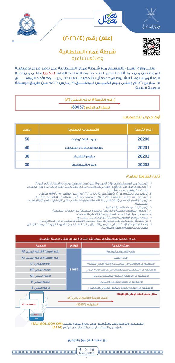 (🔴) وزارة العمل بالتنسيق مع شرطة عمان السلطانية - فتح باب التجنيد لحملة الدبلوم ما بعد دبلوم التعليم العام (ذكور)
التفاصيل:
m-oman0.net/vb/t33561.html