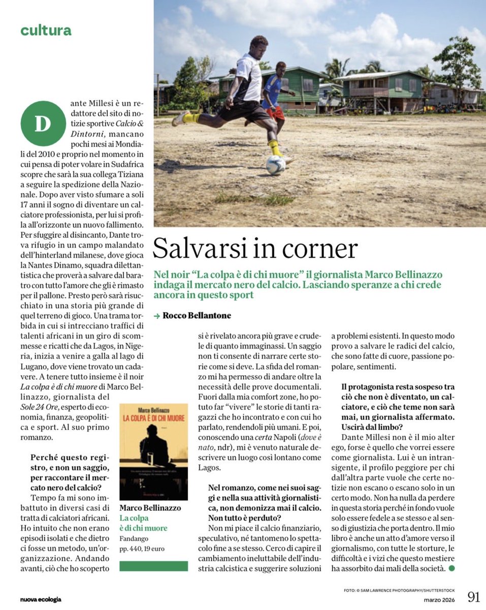 “La colpa è di chi muore” di Marco Bellinazzo ti costringe ad andare fino in fondo, fino all’ultima pagina. Il calcio, purtroppo, non è solo un gioco.
Edito da Fandango, ne ho scritto su <a href="/Lanuovaecologia/">La Nuova Ecologia</a>