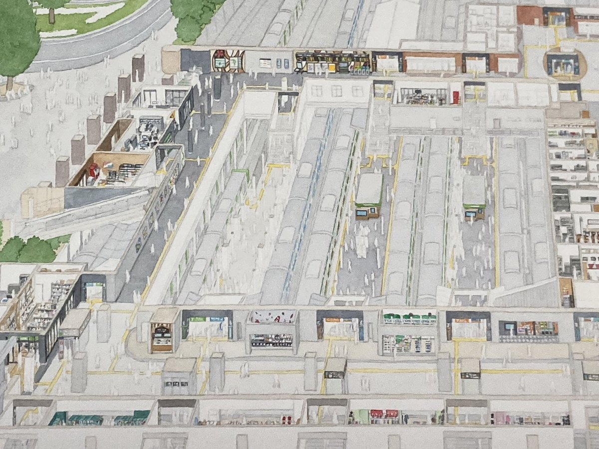aoyamakunihiko's tweet photo. 絵本「駅図鑑」。
上野駅をモデルに駅を大解剖していく絵本の第4場面、彩色24日目。
もうすぐ全ての店舗群に色が入りそうです。
来週は人を全て終わらせて全体に陰影を付けていきたいものです。 https://t.co/yonabmLa84