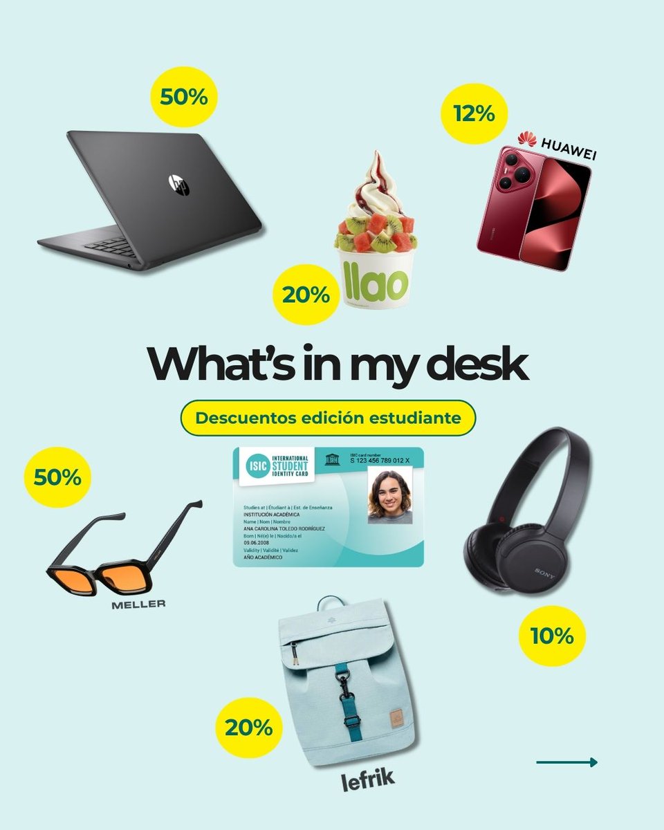 ISICEspana's tweet image. ✨ What’s in my desk… versión descuentos
.
Todo esto con descuentos usando tu Carné ISIC, ITIC o IYTC. Consigue el tuyo aquí carne.isic.es/informacion/
.
Porque tu escritorio no solo guarda apuntes, también las mejores ventajas 
#StudentBenefits #ISICSpain #makingstudentlifebetter