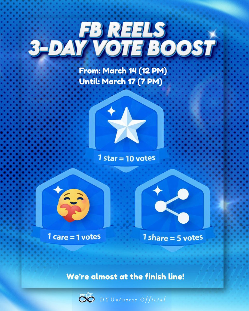 dyu_vt's tweet photo. 𝑭𝑩 𝑹𝑬𝑬𝑳𝑺 𝑽𝑶𝑻𝑬 𝑩𝑶𝑶𝑺𝑻 𝑹𝑬𝑴𝑰𝑵𝑫𝑬𝑹

Stardusts, the FB Reels 3-Day Vote Boost is now live!

Don’t forget to interact with VPCA’s FB reels featuring Dustin:

❤️ 1 "Care" react = 1 vote
⭐ 1 Star = 10 votes
🔁 1 Share = 5 votes

🗓 March 14 (12 PM) – March 17 (7 PM)

📌 For Supporting Movie Actor
 https://t.co/3kE036baRv

📌 For Promising Male Star
https://t.co/BxE7V9EorL

We’re almost at the finish line, so let’s maximize every engagement and push Dustin higher in his categories.

All for Yu. 💙

#DustinYu
#7thVPChoiceAwards