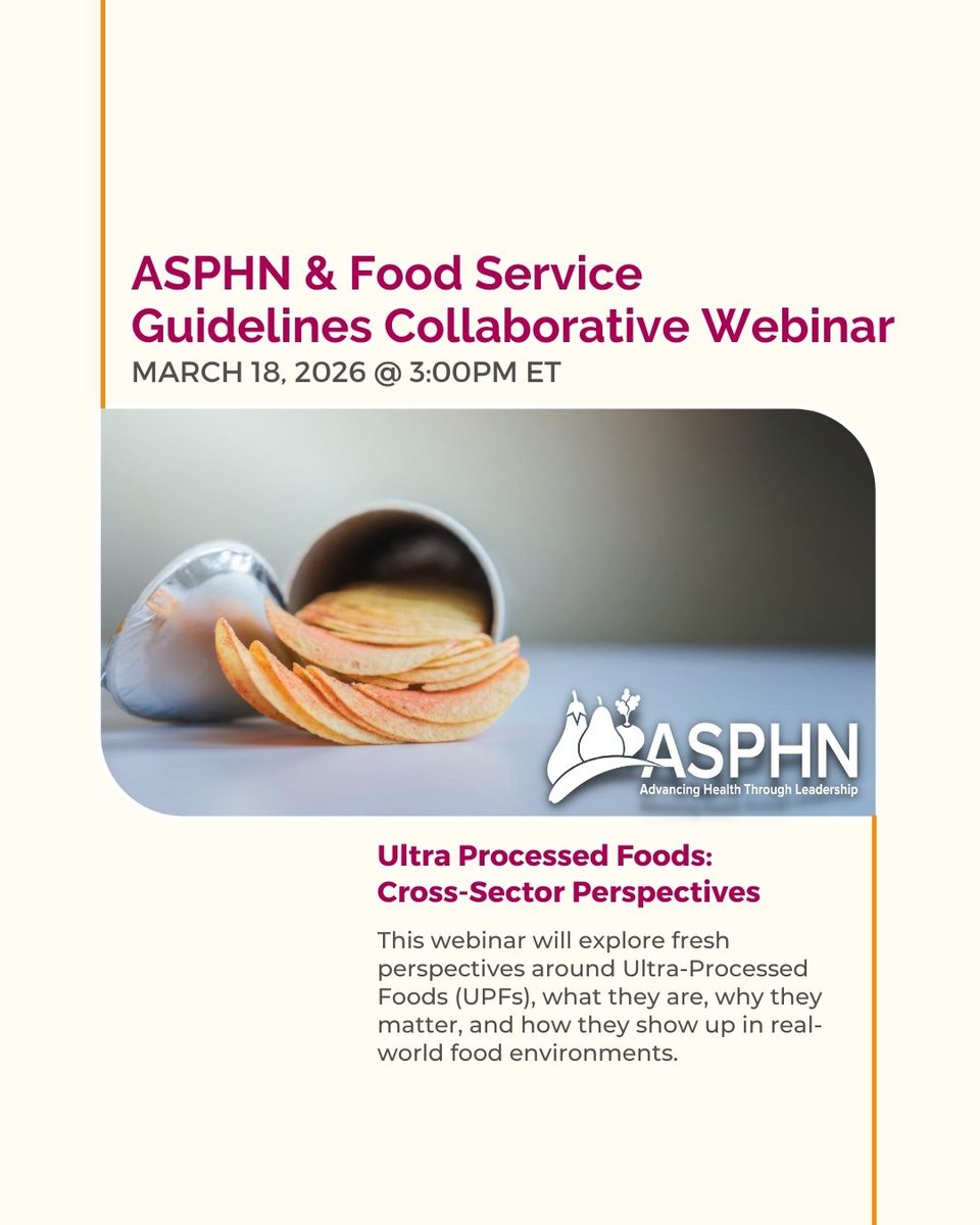 Join ASPHN + the Food Service Guidelines Collaborative for a cross-sector conversation on ultra-processed foods — what they are, why they matter, and how they shape food environments.

Register: linktr.ee/asphn

#UltraProcessedFoods #FoodServiceGuidelines