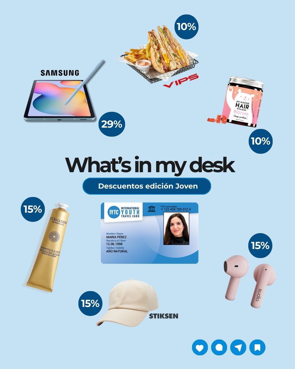 ISICEspana's tweet image. ✨ What’s in my desk… versión descuentos
.
Todo esto con descuentos usando tu Carné ISIC, ITIC o IYTC. Consigue el tuyo aquí carne.isic.es/informacion/
.
Porque tu escritorio no solo guarda apuntes, también las mejores ventajas 
#StudentBenefits #ISICSpain #makingstudentlifebetter
