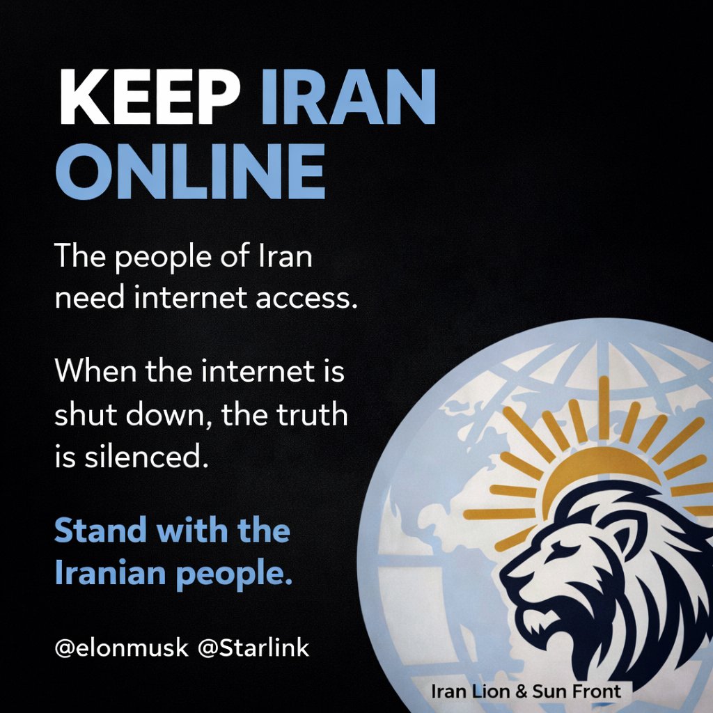 lionsunfront's tweet photo. Dear @elonmusk,
The people of Iran are fighting for their freedom. The regime’s first weapon is shutting down the internet to silence the nation.
Please help keep Iran online.
Stand with the Iranian people. History will remember it. https://t.co/5c8MY5bEJn