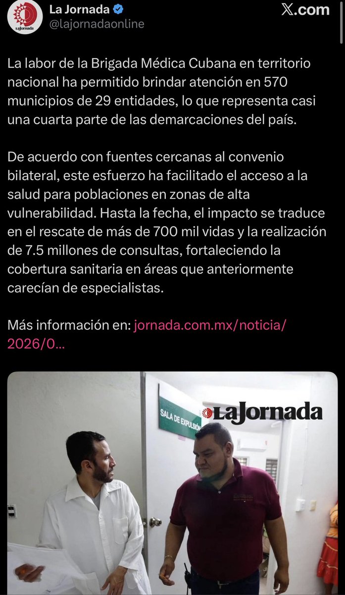 Gracias @LaJornadaOnline por los datos.

• 3,700 médicos cubanos  
• 7.5 millones de consultas

Eso equivale a ~2 consultas por médico al día.

En el IMSS, cualquier médico atiende 15–25 pacientes diarios.

Entonces algo no cuadra:  
o las cifras están infladas… o la