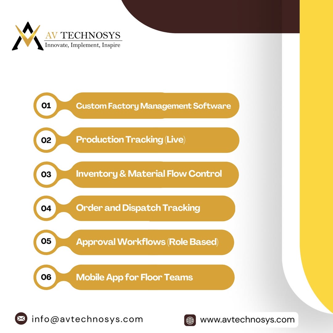 AvTechnosys's tweet image. Manufacturing works best when every process is connected.

At AV Technosys, we build custom factory management software with real-time visibility across production, inventory, and operations.

#ManufacturingSoftware #FactoryManagement #ProductionTracking #AVTechnosys