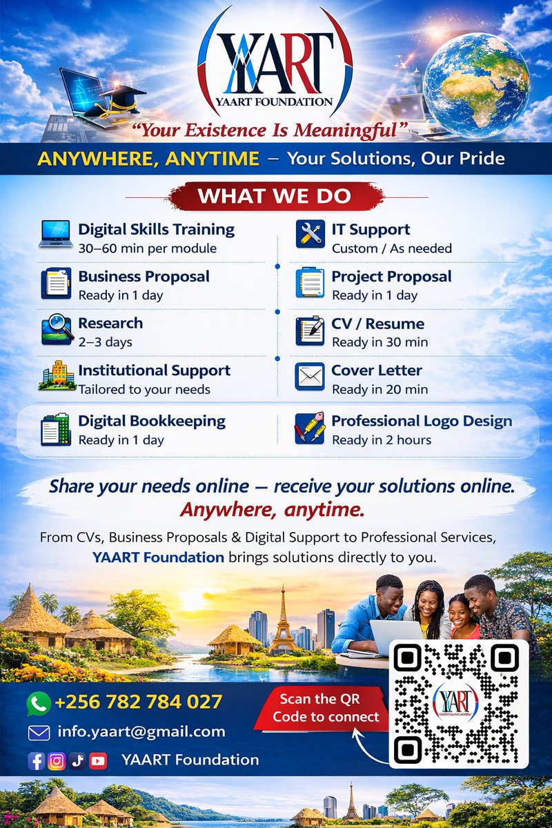 yaartfoundation's tweet photo. 🌟 Your Solutions, Our Pride – Anywhere, Anytime! 🌟
Get professional support: fast, reliable &amp; tailored to you.
From digital skills training, business &amp; project proposals, research support, digital bookkeeping, to CV writing, cover letters,&amp; online government services assistance https://t.co/q5riFnbJI0