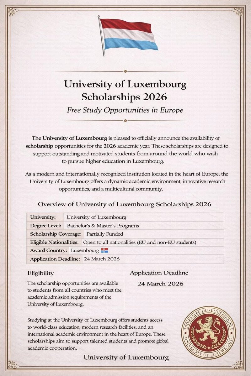 MrsScotty_M's tweet photo. Bourses Université de Luxembourg à partir du premier cycle universitaire ( toutes les nationalités)
Bonne chance https://t.co/BGNvs65U3z