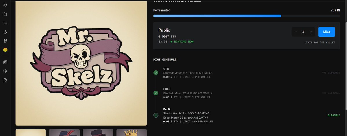 MrSkelz_'s tweet image. Only 33 MR.Skelz remaining. Once these are gone, we will launch the full reveal and a special surprise for the community. 

Links: opensea.io/collection/mr-…

Don't miss out on the final pieces.