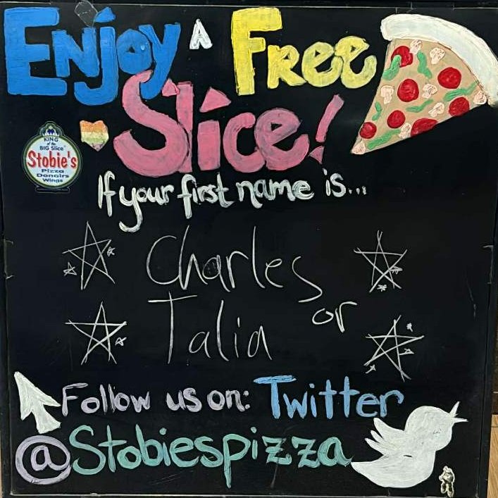 Stobiespizza's tweet image. Enjoy a free🍕today if your first name is🥁🥁🥁🥁 Charles or Talia
•
🍕
•
🍕
#Charles #Talia #nameday #kingofthebigslice #stobiespizza 
delivery starts at 11 AM 
Call 519-432-2228 or click or Uber Eats or DoorDash
☎️📲💻🍕🍗🌯🥟🥗🚗😍
🍕