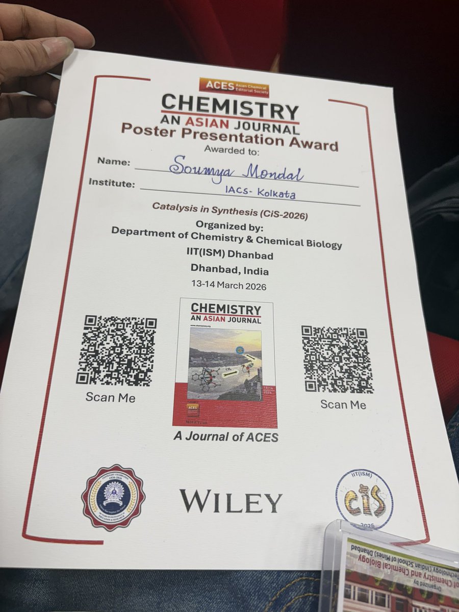 Having a good time with Best Poster Award at IIT(ISM) Dhanbad! 🎉 A great time with amazing host <a href="/SMLab_IITISM/">SM Lab</a> !!!! Thank you for all the support <a href="/PGLab_IACS/">SupraCat_Lab@IACS</a> <a href="/iacskolkata/">Indian Association for the Cultivation of Science</a>