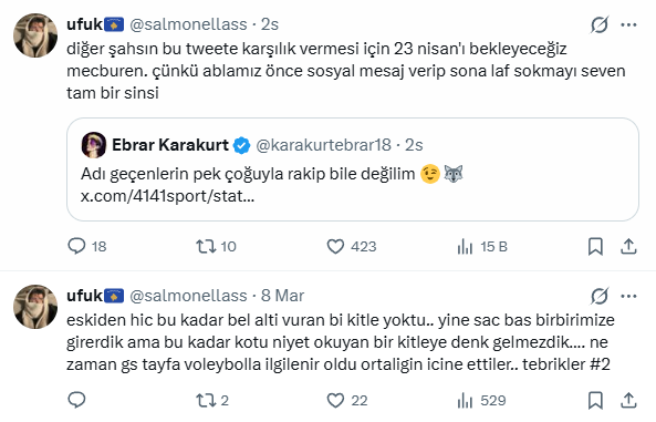 Ne kadar ironik değil mi? Alttaki mesajı atıyor ama üstte İlkin'e durduk yere saldırıyor. İlkin'e laf atınca gelen etkileşime bakın bir de normal aldığı etkileşime bakın. Hepsi biliyor bunu tek amaçları etkileşim almak. Bunlar etkileşim için her şeyi yapar.