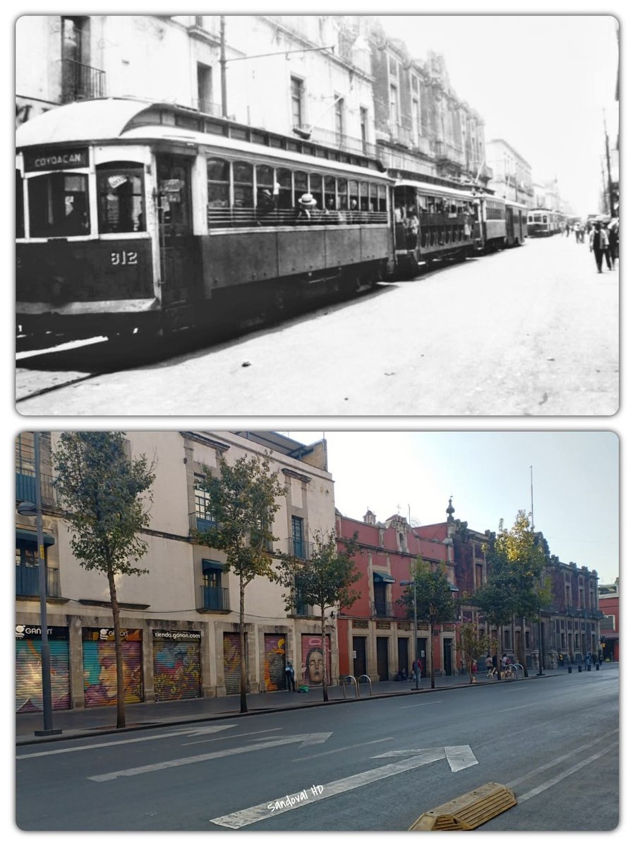 El tranvía conocido como "El rápido de Coyoacán, sobre la avenida Pino Suárez a la altura del antiguo palacio de los Condes de Calimaya hoy museo de la ciudad de México, 1920-2026.
