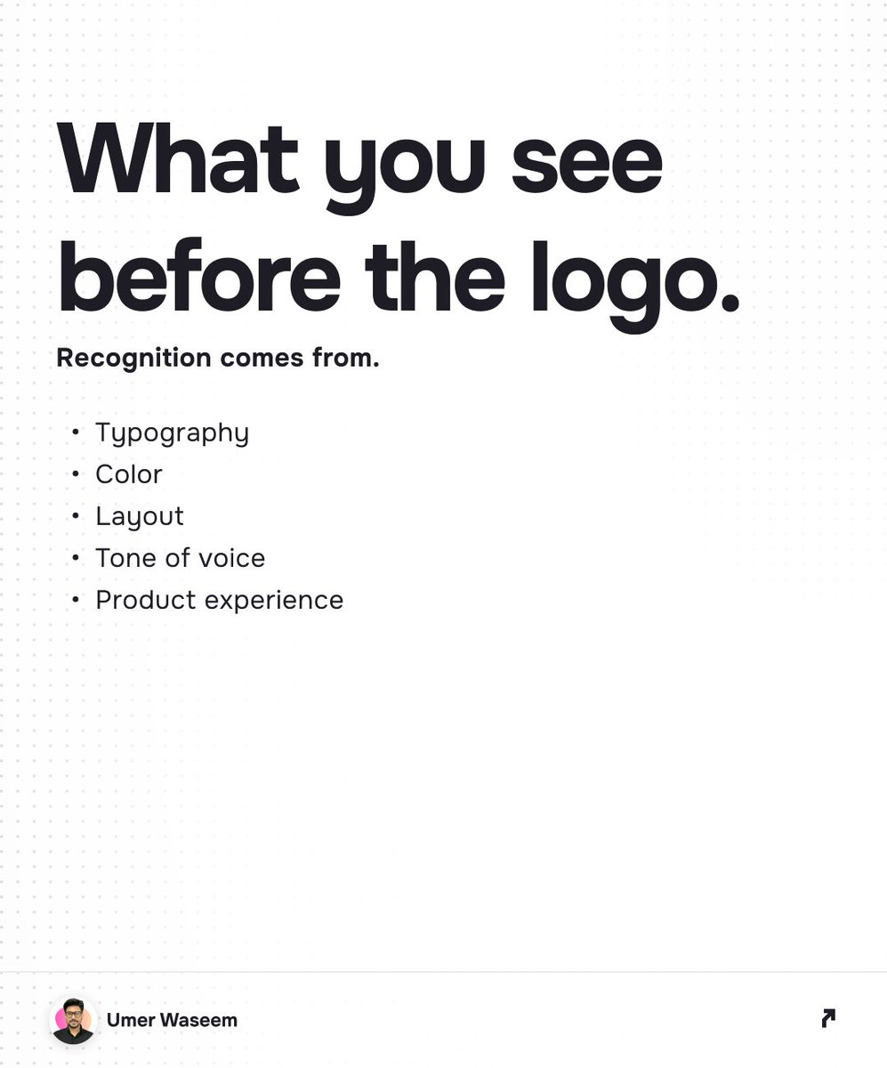 umerwaseeem's tweet photo. Most companies don't have a logo problem they have a brand system problem. 
A logo alone doesn't create recognition. 
Typography, color, layout, and tone do. 
Design the system. The logo will follow. https://t.co/FR5OcQdXC1