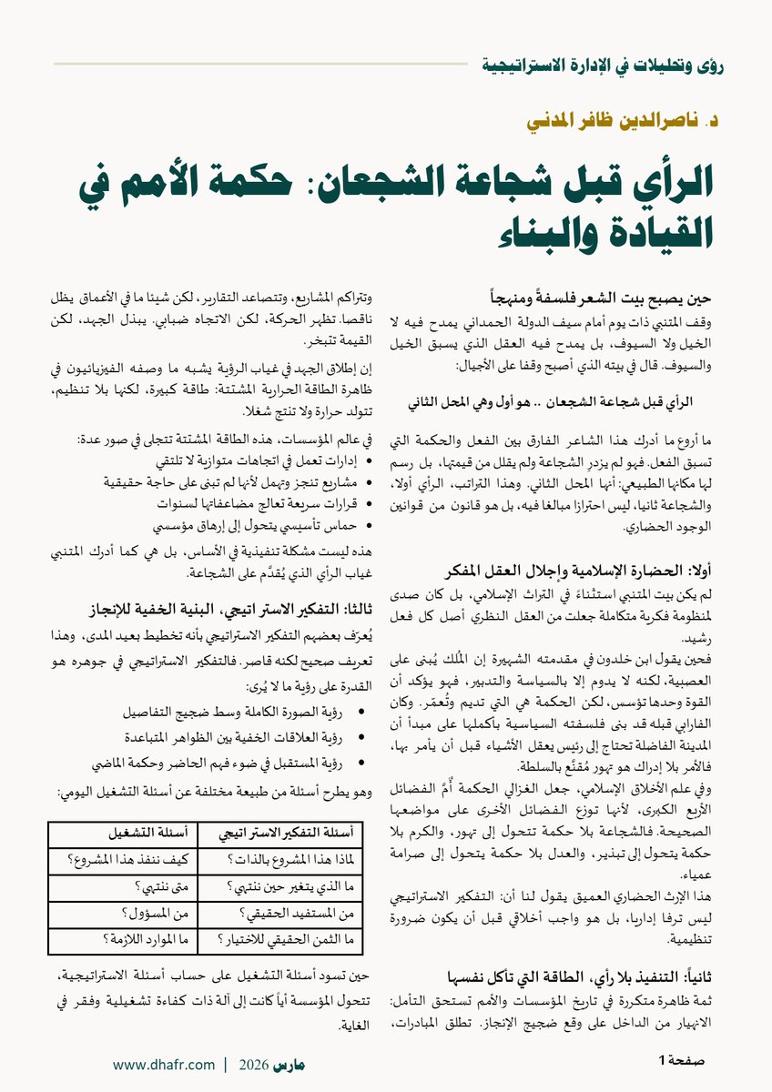ndhafr's tweet photo. فكّر قبل أن تتحرك..
قالها المتنبي  قبل ألف عام: "الرأي قبل شجاعة الشجعان"
وما زالت أصدق وصف للفرق بين من ينجز ومن ينهار وهو يتحرك.
التنفيذ السريع بلا رأي ليس قوة، بل طاقة تأكل نفسها.
تابع المزيد على: https://t.co/ysvKmCnBTP
يشرح هذا المقال أهمية ان يسبق التفكير الاستراتيجي كل ما نقوم به 👇

#التخطيط_الاستراتيجي #الإدارة_الاستراتيجية #القيادة #الرؤية #الاستراتيجية #إدارة_الأعمال