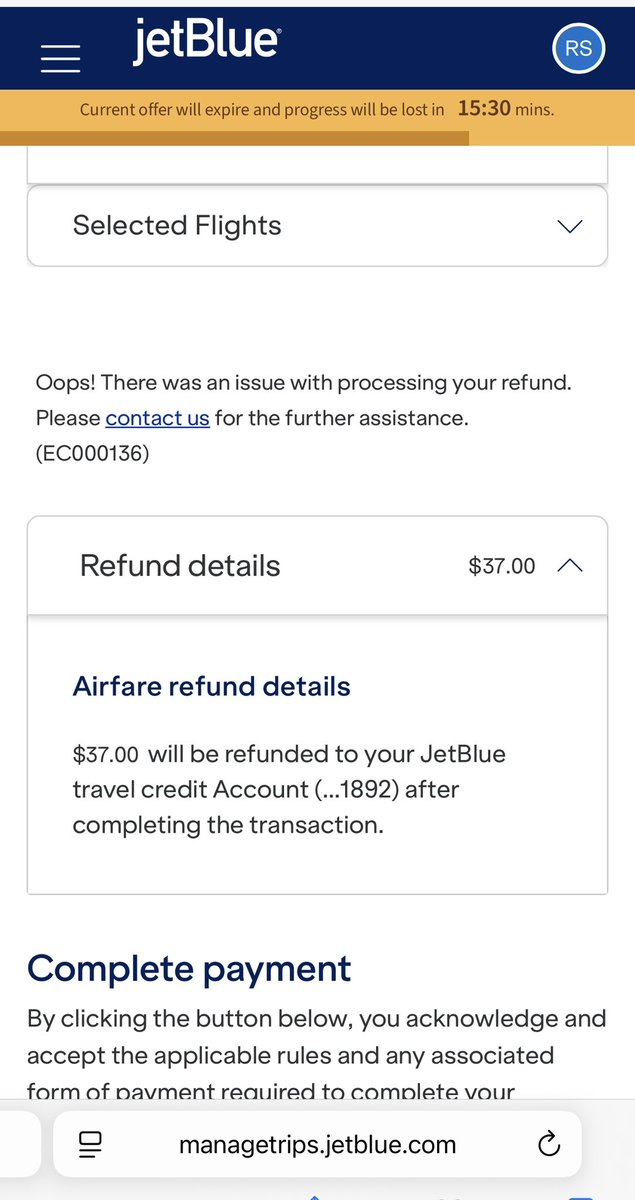 rafaelSVsanchez's tweet photo. @JetBlue what is going on with your app and website? Changing my flight but receiving error after error processing my refund. Now being forced to chat or talk with a representative with a $25 service fee?  HELP! https://t.co/kCIQb8olvf