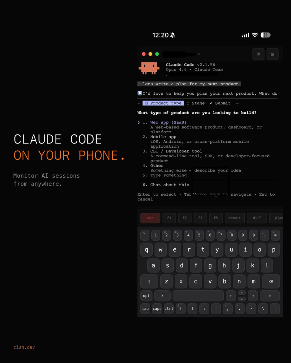 clsh_dev's tweet photo. Claude Code on your phone. Monitor AI coding sessions from anywhere. 
No more "what's my Claude doing?"

#claudecode #ai #anthropic #devtools
  #terminal #aicoding https://t.co/P4NDfj6hOF