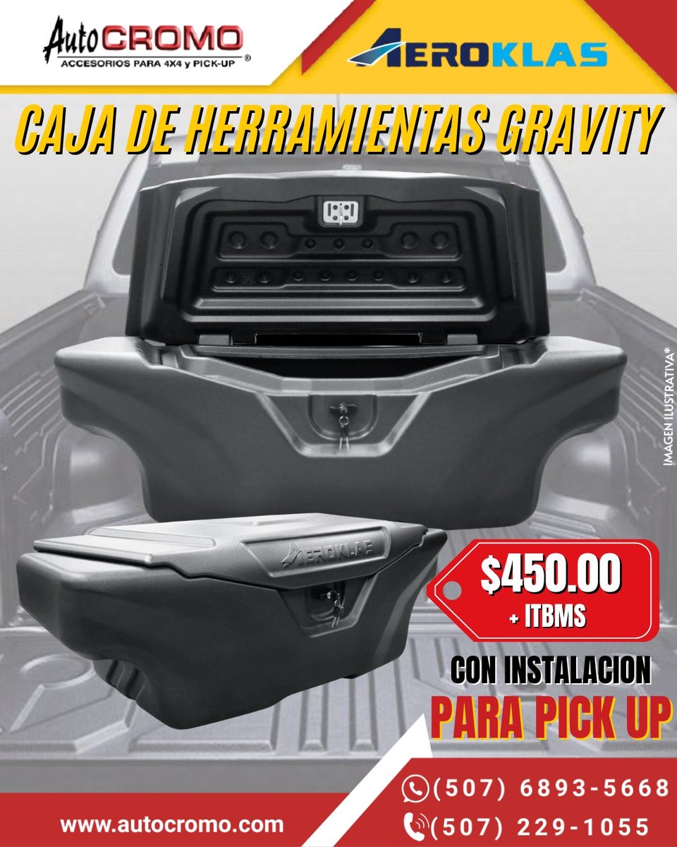 En Auto Cromo tenemos la caja de herramientas AEROKLAS Gravity: almacenamiento seguro, espacioso y sin perforaciones.
 Resistente a rayos UV, impermeable y con sistema de bloqueo avanzado.
 Instálala en minutos y transforma tu pick-up en una máquina de organización.