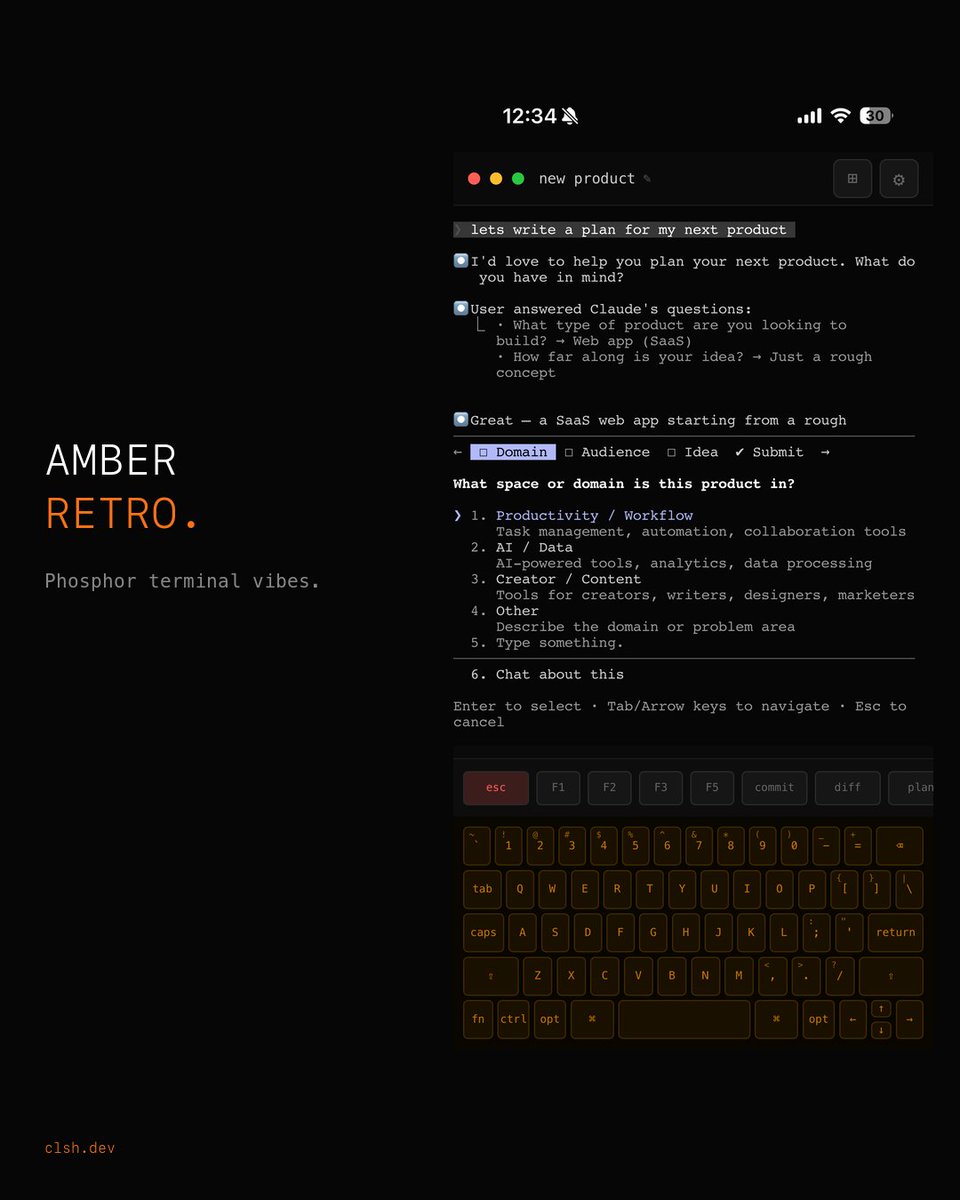 clsh_dev's tweet photo. Amber Retro. Phosphor terminal vibes. One of 6 keyboard skins in clsh.

#retro #terminal #aesthetic #amber
 #devtools #vintage https://t.co/vkRm8DE1lg
