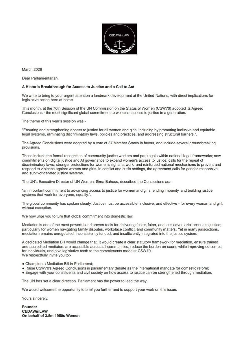 KrisGibson13's tweet image. It's not #justice when you have enforceable rights &amp;amp; the winning hand to prove it as #CEDAWinLAW does, but  current #justice system denies #50sWomen the opportunity for a hearing
This is why we need a #MediationBill, &amp;amp; #AccessToJustice as agreed at #CSW70 
#women denied #justice?