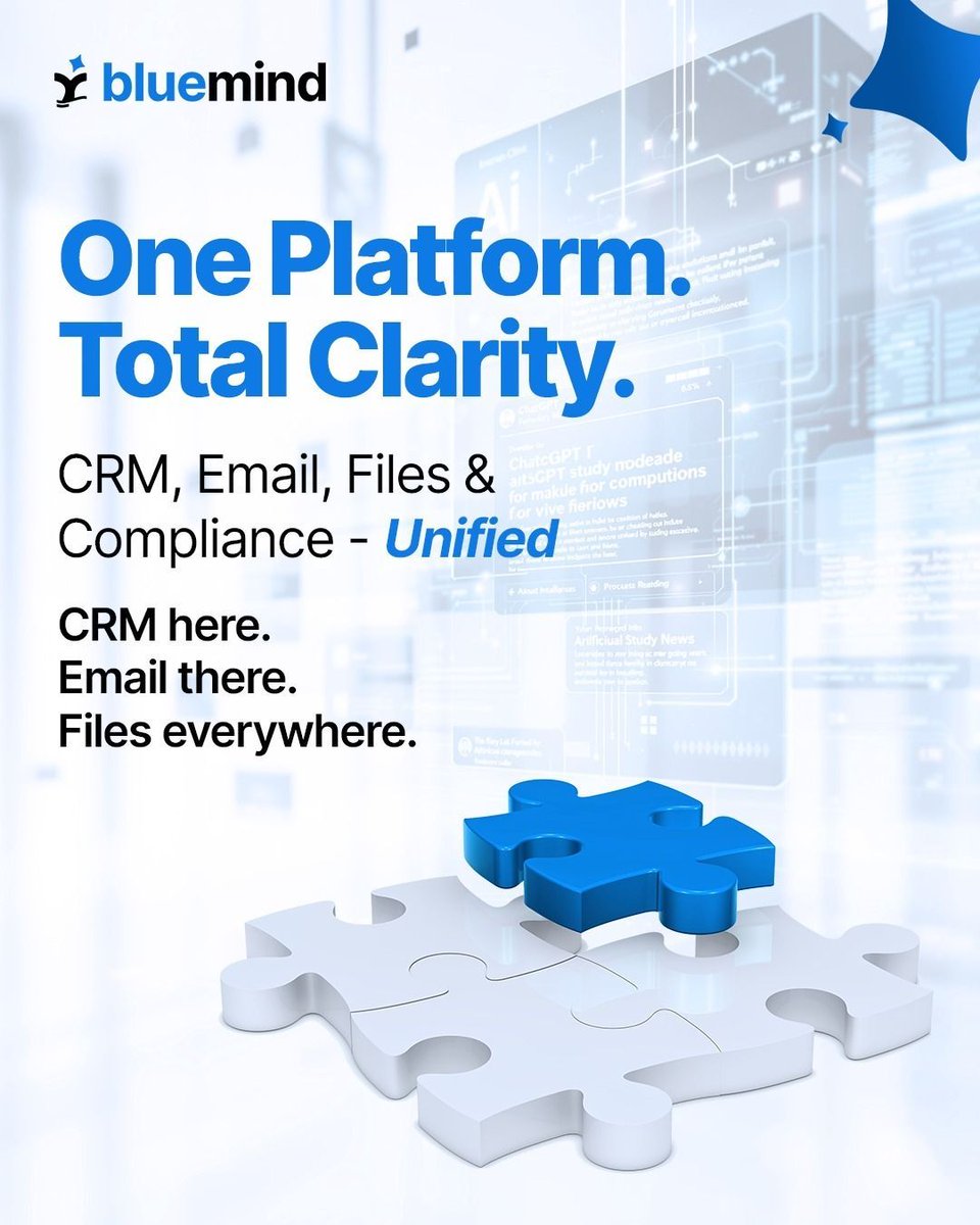 BlueMind_app's tweet photo. One Platform. Total Clarity.

✅ CRM here.
✅ Email there.
✅ Files everywhere.

Fragmented systems = fragmented compliance.

BlueMind unifies everything into one Compliance OS for clear supervision and reporting.

👉 https://t.co/HnI2L3drxu

#Bluemind #DigitalTransformation https://t.co/7X2PeSRZai