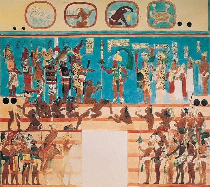 histories_arch's tweet photo. The Bonampak Wall Frescoes ("Painted Walls"), located in the Mayan city of Bonampak in Chiapas, Mexico, are among the best-preserved and most detailed murals of the Mayan civilization.

Dated approximately 790–792 AD (late Classic period), they were commissioned during the reign of Chan Muan (Yajaw Chaan Muwan), the ruler of Bonampak, to depict his son's proclamation as heir to the throne, a military victory, and sacrificial ceremonies.

Location: A small, three-room structure called the "Temple/Mural Temple" (Structure 1). The walls, including the ceilings, are completely covered in frescoes (approximately 140–150 m²).

Introduced to the modern world in 1946 (by Giles Healey, guided by Lacandon Maya). Local Lacandons were already aware of them.

Significance: They shattered the image of the "peaceful, tranquil Maya" that persisted until the mid-20th century;  It clearly depicted war, human sacrifice, and blood rituals. It is a unique document of Mayan court life, costumes, musical instruments, and weapons.

Created around 790 AD and discovered in 1946, it is one of the world's most important ancient frescoes, showing Mayan warfare and ceremonies in colorful and brutal detail.

#archaeohistories