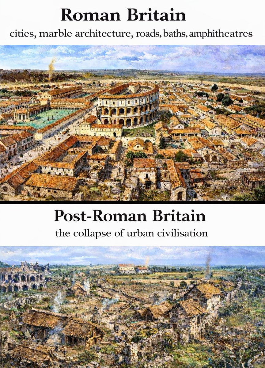 Roman Britain was built around urban centres and infrastructure the island had never seen before: planned cities, paved roads, bath complexes, aqueduct-fed water systems, organised sewage and latrine networks. Maintaining these systems required skilled labour, engineering