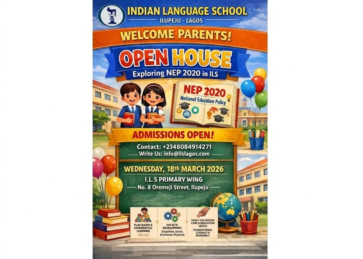 ILSLAGOS's tweet photo. OPEN HOUSE – WELCOME PARENTS! 

Indian Language School warmly invites parents to visit our campus and explore how we nurture confident, curious, and future-ready learners.

Date: Wednesday, 18th March 2026 
Come and discover the learning journey at Indian Language School. https://t.co/9qjtExEgf7