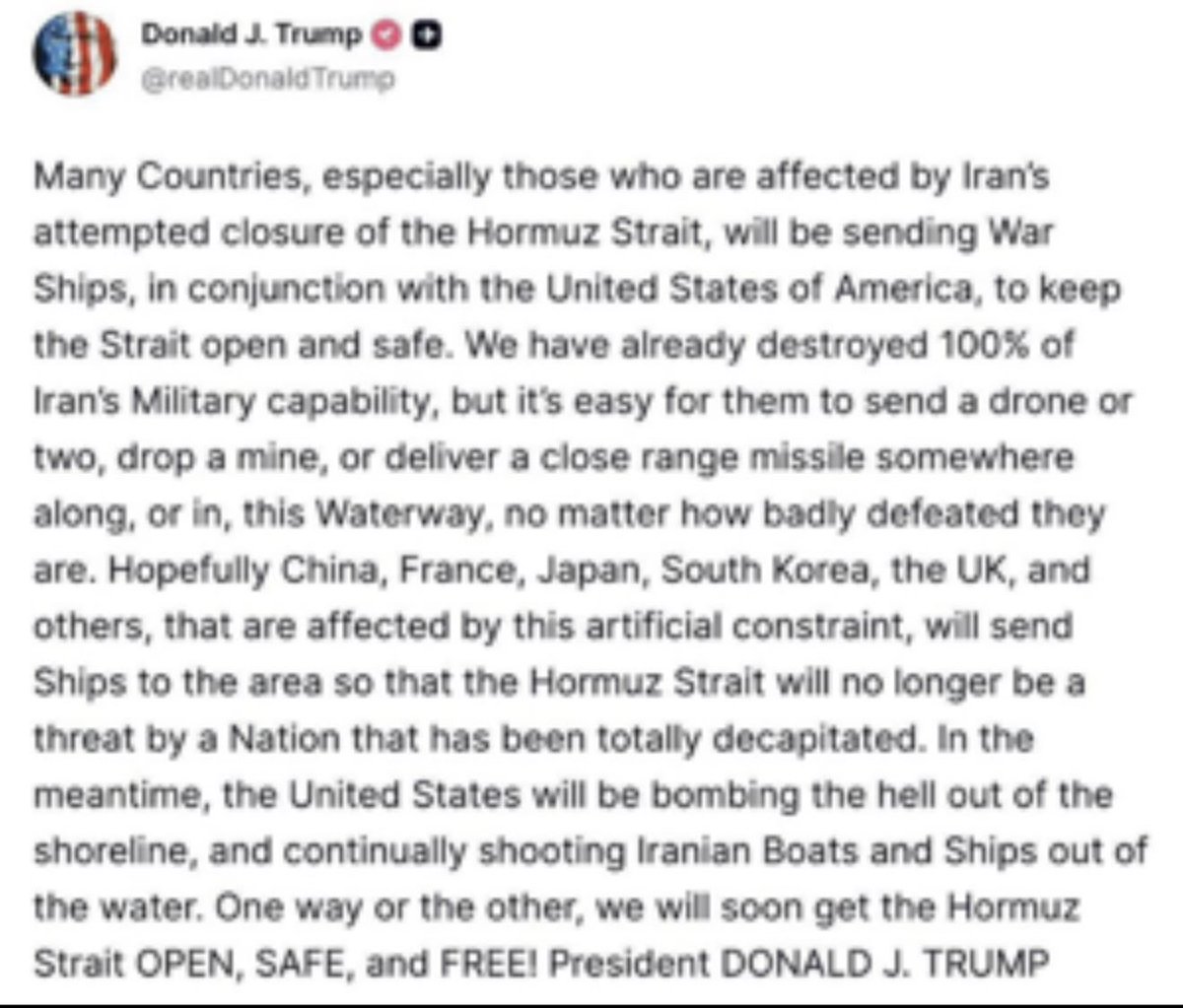 Trump says the US has destroyed 100% of Iran’s military capability. Then asks China, France, and Japan to send warships because Iran can still drop mines and fire missiles.

That is a man asking others to clean up his own mess.

The Soviet Union collapsed in 1991. Not because