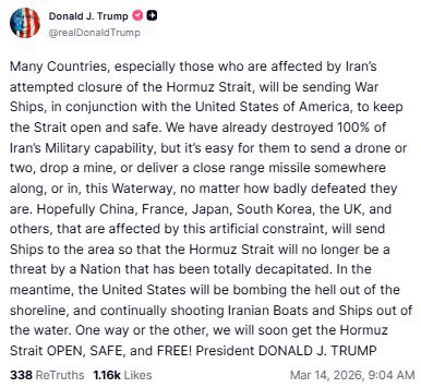saifedean's tweet photo. This is probably the first time he groks that drones can still close Hormuz even after he got the 'win' Bibi scammed him into, because after 15 days the only idea he has for dealing with it is to beg other countries to send billion dollar boats to get damaged by $10k drones. https://t.co/Fd9tzzOql5