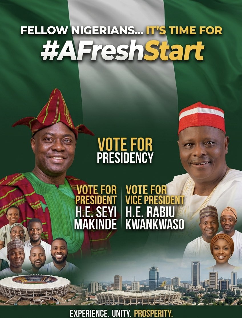 IamTheTownCrier's tweet photo. Breaking News!
NORTHERN YOUTH LEAGUE DECLARES SUPPORT FOR MAKINDE-KWANKWASO 2027 TICKET; LAUNCHES #AFRESHSTART CAMPAIGN.
KADUNA, NIGERIA
The Northern Youth League (NYL), a prominent coalition representing youth interests across the nineteen Northern states, has officially announced its endorsement of His Excellency, Engr. Seyi Makinde, @seyimakinde for the 2027 Presidency, with His Excellency, Dr. Rabiu Musa Kwankwaso, @KwankwasoRM as his Vice-Presidential running mate.
Under the banner of #AFreshStart, the League declares that this strategic partnership represents the most viable path toward national healing, economic revitalization, and the restoration of security across the Federation.
In a world-press conference held in Kaduna today, the Convener of the Northern Youth League, Dr Danjuma Dankasa, stated:
"Nigeria stands at a pivotal crossroads. We have navigated seasons of trial, but the time has come to transition from mere survival to sustainable growth. After extensive consultations with stakeholders across the North, we have identified Engr. Seyi Makinde and Dr. Rabiu Kwankwaso as the ideal 'Bridge Builders' to lead us into a new era."
The League highlighted several key factors for their decision:
• Proven Governance: Engr. Seyi Makinde’s "Omituntun" model in Oyo State has demonstrated excellence in infrastructure, education, and civil service welfare.
• The Kwankwasiyya Legacy: Dr. Rabiu Kwankwaso’s unparalleled track record in human capital development and his deep-rooted connection with the masses (Talakawa) provide a formidable North-South synergy.
• Economic Stability: The #AFreshStart agenda focuses on transitioning Nigeria from a consumption-based economy to a production-driven powerhouse through technocratic leadership.
The League’s endorsement marks the beginning of a nationwide mobilization effort.
The #AFreshStart campaign is not just a slogan but a commitment to:
1. Inclusive Governance: Integrating youth and women into the highest levels of decision-making.
2. Regional Security: Implementing innovative, technology-driven solutions to end insurgency and banditry.
3. Educational Reform: Replicating the scholarship and vocational training models pioneered by both leaders.
The Northern Youth League calls on all well-meaning Nigerians, particularly the youth, to look beyond partisan divides and join the movement for a Nigeria that works for everyone.
"We are not just choosing candidates; we are choosing our future," the statement concluded. "It is time for a fresh start."