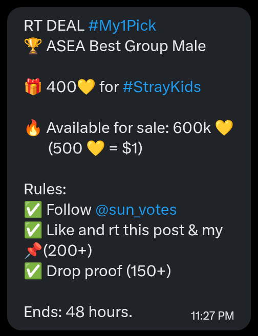 phstay_'s tweet photo. RT DEAL #My1Pick
๐ ASEA Best Group Male
๐ 400๐ for #StrayKids
๐ฅ Available for sale: 600k๐
(500๐ = $1)
Rules:
โ
Follow @sun_votes
โ
Like and RT this post & @sun_votes ๐ (200+)
โ
Drop proofs (150+)
Ends: 48 Hours
Good luck, Stays!๐ https://t.co/aESVgMx7Xl