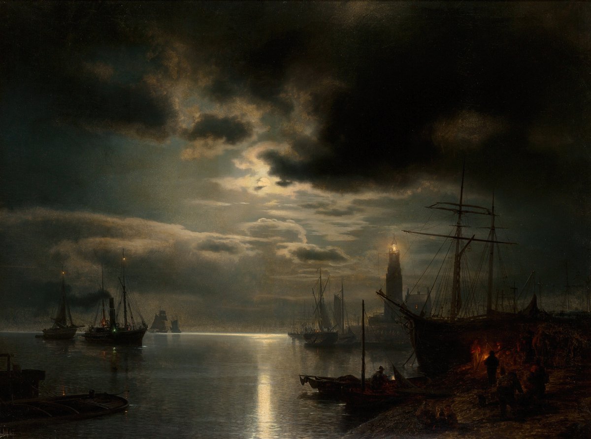 A Moonlit Harbor - Hermann Ottomar Herzog, 1867