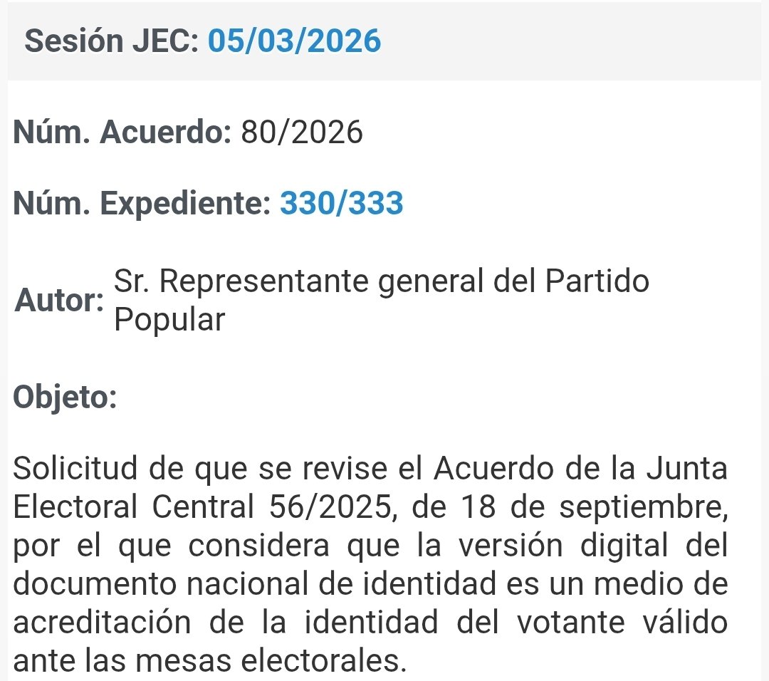 Os paso Acuerdo de la JUNTA ELECTORAL CENTRAL en la que queda claro que mañana en CyL se podrá votar exhibiendo:

-El DNI en la app MiDNI.
-El carnet de conducir en la app MiDGT.

Se explica q ya hace tiempo q la segunda opción se usa sin incidencias. share.google/xFXJirv7KKbZA3…
