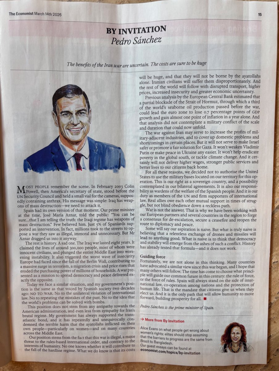 Spain’s PM Sanchez is making a compelling, pragmatic case against war with Iran—rooted in national interest, sovereignty, and economic prosperity.

There’s nothing inherently “left-wing” about that.

European conservative leaders should wake up. Some already have—see Meloni.