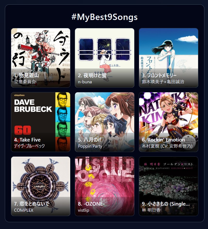 #MyBest9Songs
たぶん俺らしい好き曲
tlpt-telepath.github.io/9-musics/
