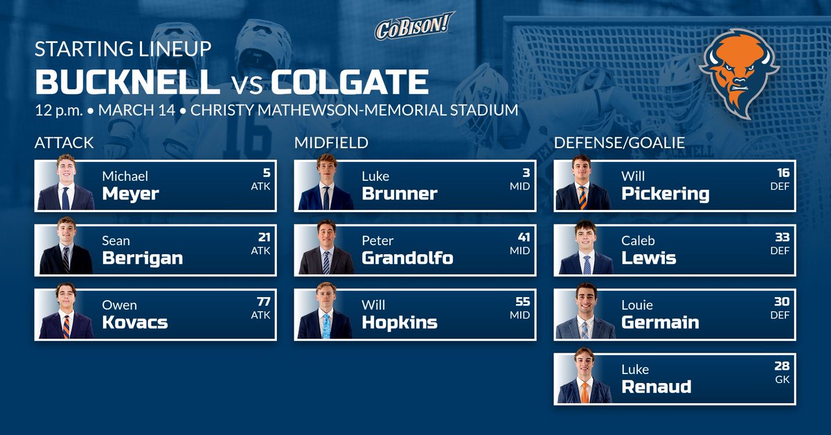 Today's starters vs. Colgate! Opening faceoff in about 12 minutes at Christy Mathewson-Memorial Stadium. #rayBucknell