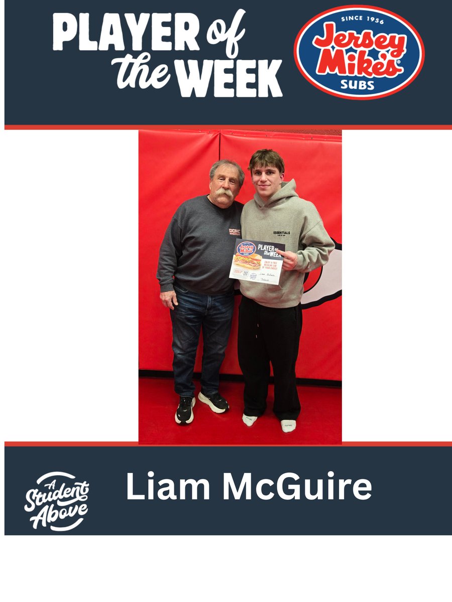 Congratulations to our Winter Week 10 (Feb 16th-Feb 22nd) Jersey Mike's "A Sub Above" male player of the week, Junior, Liam McGuire! Who will be the next male player of the week? Stay tuned!

<a href="/DerbyRedRaider/">Derby High School</a> <a href="/RedRaiderCT/">MaskedRedRaider</a>
