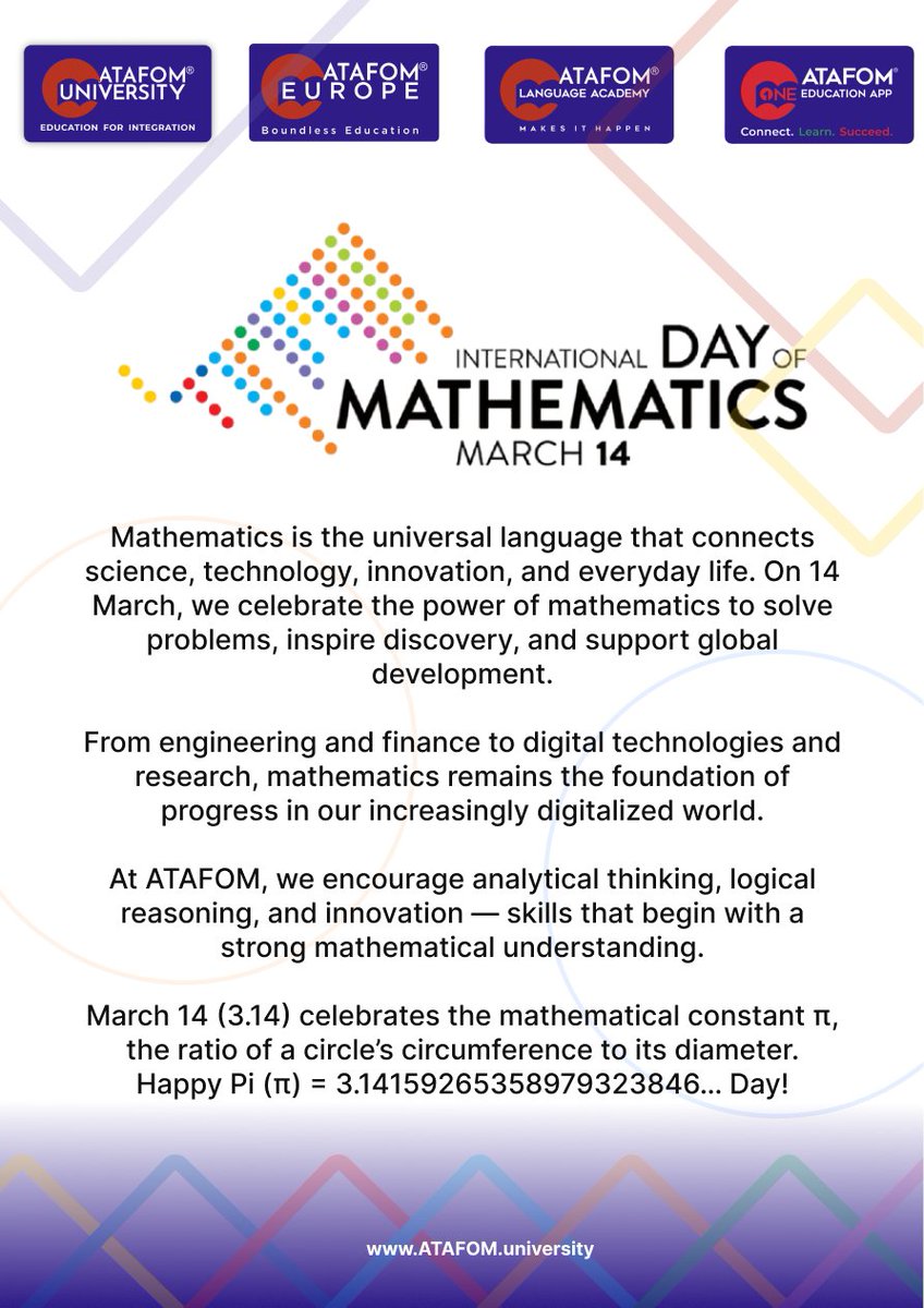 PTHWorld's tweet photo. Today we celebrate the International Day of Mathematics.
At ATAFOM University International, we believe strong mathematical thinking builds the foundation for discovery, problem-solving, and global progress.
Happy Pi Day! π = 3.141592......
#InternationalDayOfMathematics #PiDay https://t.co/935SmC0XcY