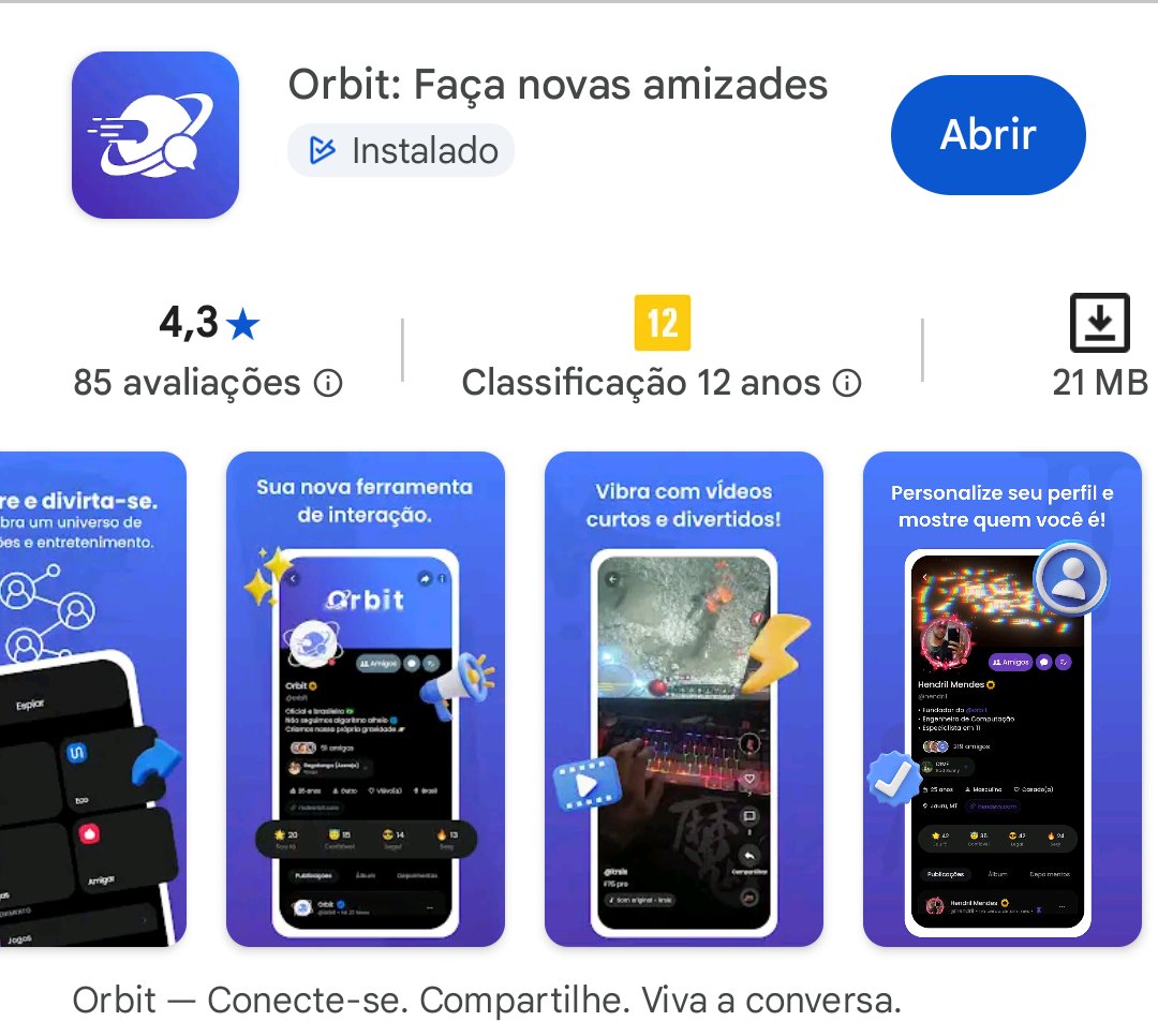 📱 Conheça o Orbit, a rede social 100% brasileira 🇧🇷 para fazer novas amizades e conversar com pessoas de todo o Brasil.
Entre agora e faça parte da comunidade!
⬇️ Baixe grátis:
play.google.com/store/apps/det…