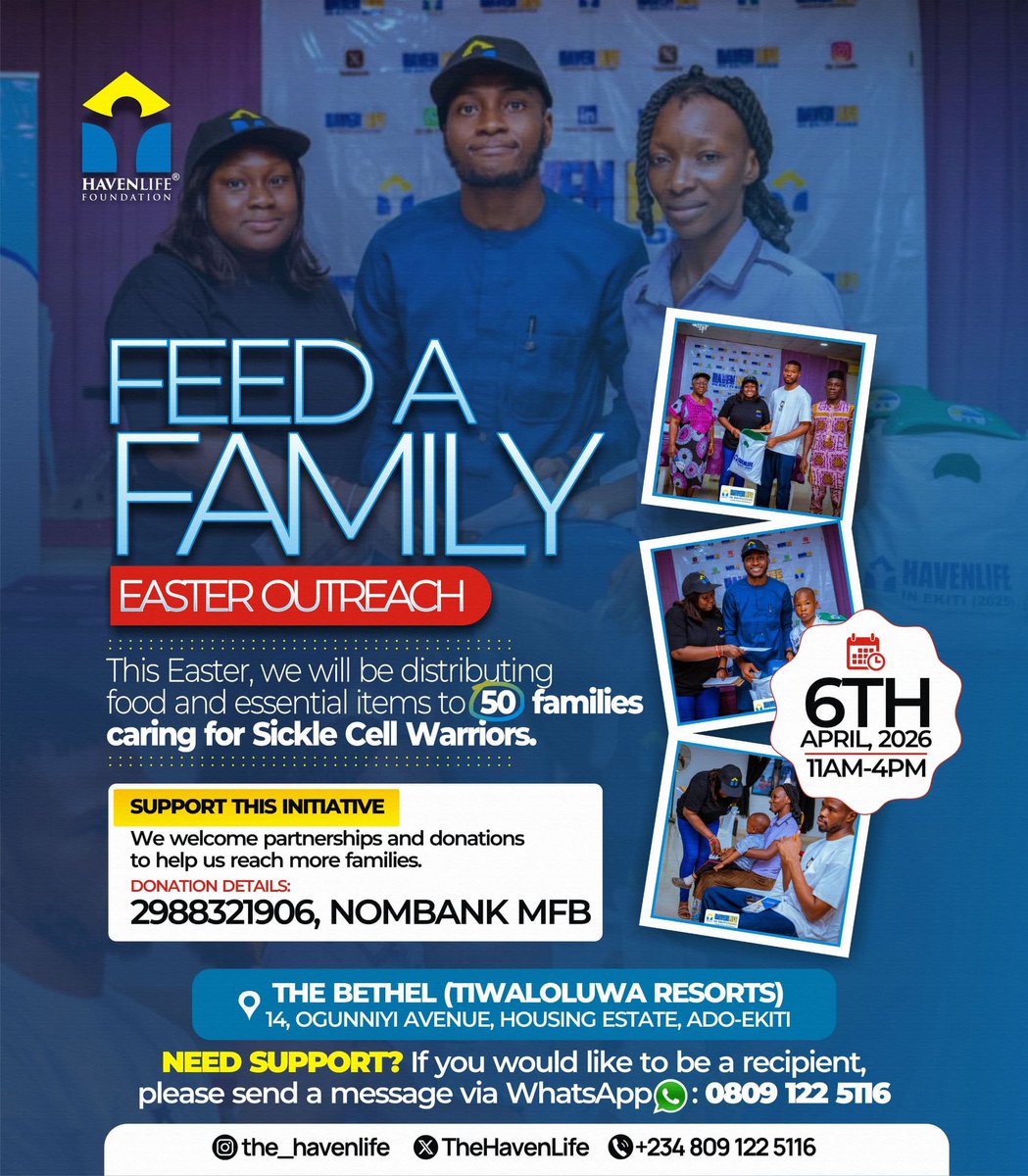 TheHavenLife's tweet photo. FEED A FAMILY – Easter Edition is here!
We will be supporting 50 sickle cell warriors and their families through our Feed a Family initiative.

To be part of this, please message 08091225116 or send a mail to havenlifefoundation@gmail.com

#FeedAFamily #havenlifefoundation https://t.co/JTGSGAQh45
