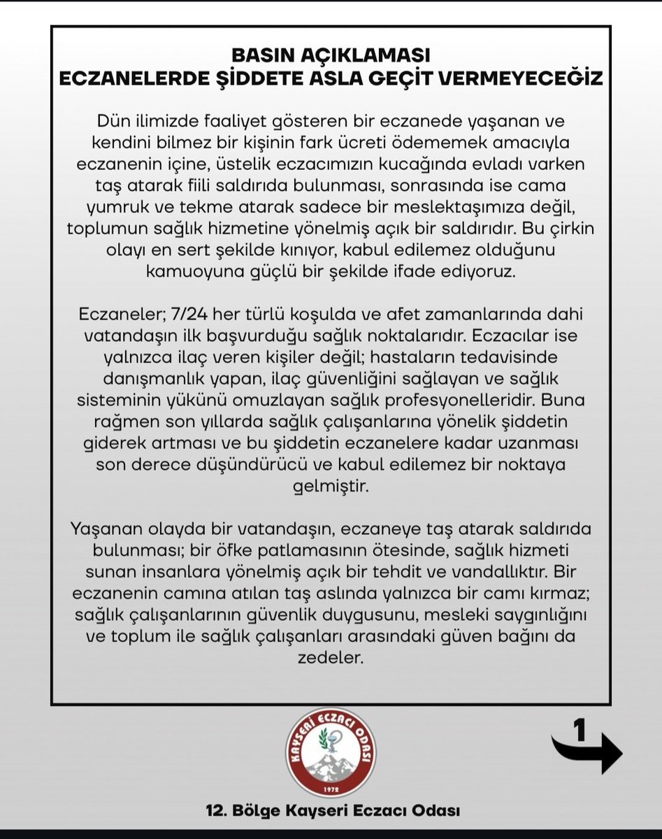 eczmagdrolanlar's tweet photo. ECZANELERDE ŞİDDETE ASLA GEÇİT VERMEYECEĞİZ!

Kayseri Eczacı Odası'nın basın açıklaması↪️ https://t.co/pizIZOeoii