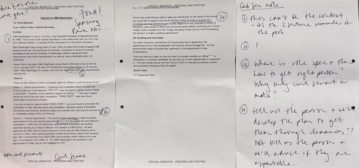 cleowatson88's tweet photo. We discussed this yesterday: https://t.co/rOEn3JR0VW
Here is the official advice to the PM from Simon Case - the then Cabinet Secretary - on the US Ambassador appointment i.e. correspondence between the UK's two most powerful men. Looks like neither of them could be arsed to read it (Cab Sec has a team to put this together for him). In pen is @helen_macnamara 's inner nerd unleashed. She looked in physical pain whilst reading this back-of-fag-packet effort. And she would defend the Civil Service to the death.