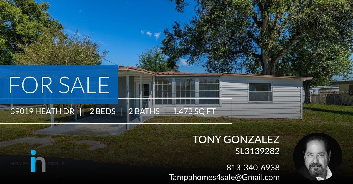 This 2 bedroom home could be yours! Call me at 813-340-6938 to schedule a showing.

TONY GONZALEZ, MBA, REOS, CDPE
Residential, Bank Owned &amp; Investment Properties
Homes In Realty Group
Cell: 813-340-6938 homeforsale.at/39019_HEATH_DR…