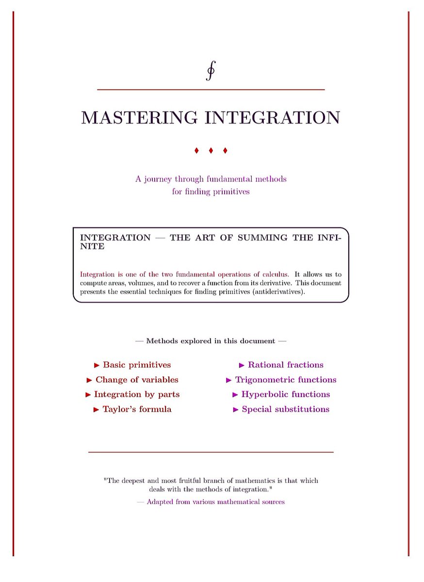 evarist_galoiz's tweet photo. A very interesting PDF file that covers extremely niche and unknown integration techniques! A great one for beginners and for the advanced
#maths #calculus #integrals #analysis #mathematics https://t.co/N9lN0jSvyR