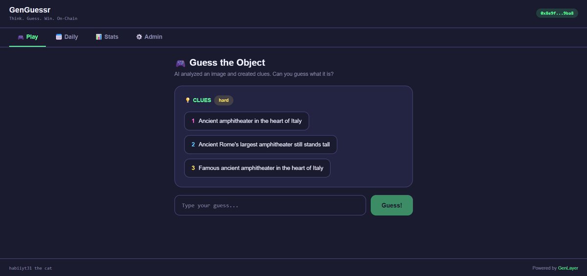 I built an AI-powered onchain guessing game using <a href="/GenLayer/">GenLayer</a>.

Introducing GenGuessr.

The idea is simple but powerful:

1️⃣ AI analyzes an image
2️⃣ It generates 3 clues from vague → obvious
3️⃣ Players submit guesses
4️⃣ AI validators decide if the guess matches the answer