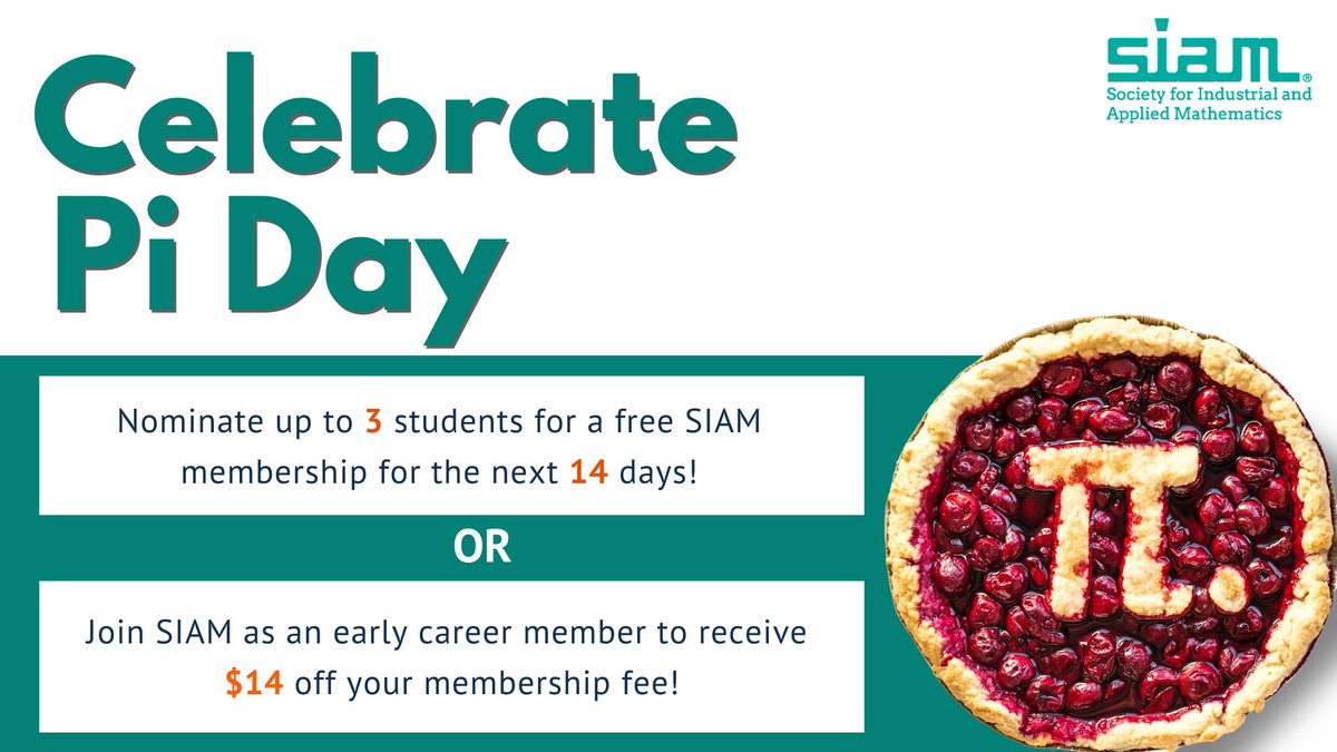 TheSIAMNews's tweet image. Celebrate #IDM314 and #PiDay with us! Nominate 3 students for a free SIAM membership within the next 14 days or join SIAM as an early career member with code MBECP26 by March 28 for $14 off your membership fee!

Read more: siam.org/publications/s…