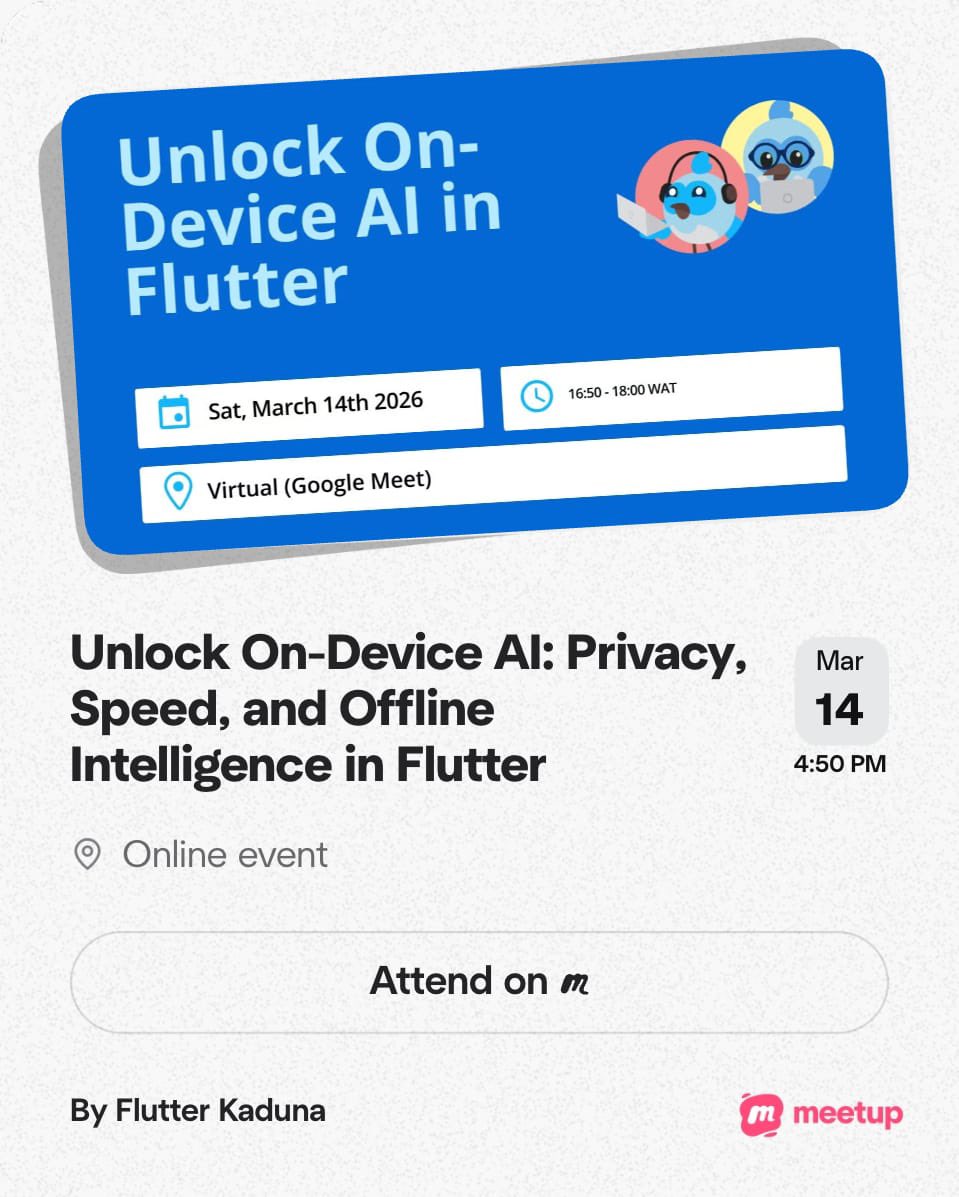 _mercyjae's tweet image. I’m so excited to speak on “on-device AI in flutter” in the flutter kaduna community. 

You can join in via this link:  dub.sh/meet-on-device…

#flutter #dart #mobile