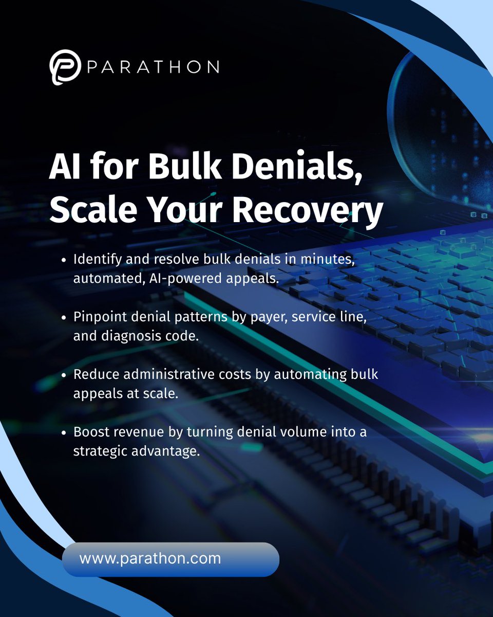 ParathonByJDA's tweet photo. Stop submitting denials one by one.

With AI, you can submit in bulk, scale your recovery, and capture the revenue your team shouldn’t have to chase manually. https://t.co/3h7onXJnmP